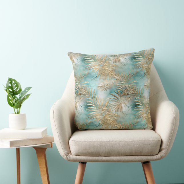 Coussin Gold Aqua White Feuilles tropicaux (Chaise)