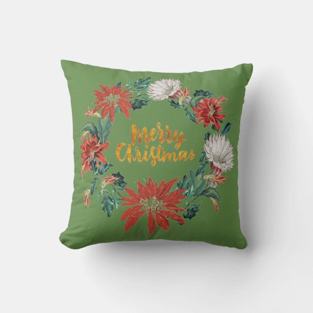 Coussin Gold Brushscript Noël Floral Wreath sur Vert (Recto)