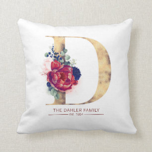 Coussin Gold D Monogramme Floral Bourgogne Rouge et Navy B
