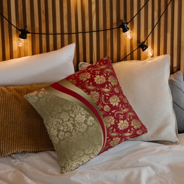 Coussin Gold & Deep Red Floral Damask Design moderne (Créateur téléchargé)