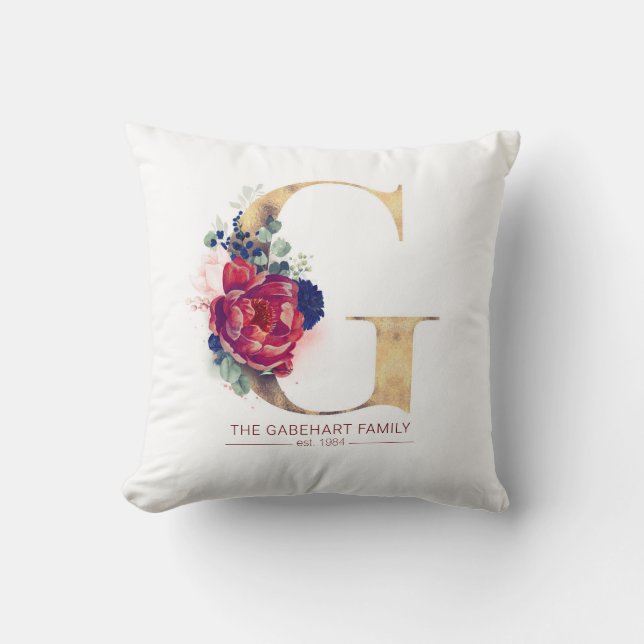 Coussin Gold G Monogramme Floral Bourgogne Rouge et Navy B (Recto)