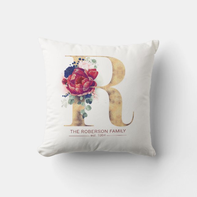 Coussin Gold N Monogramme Bourgogne Florale Rouge et Navy  (Recto)