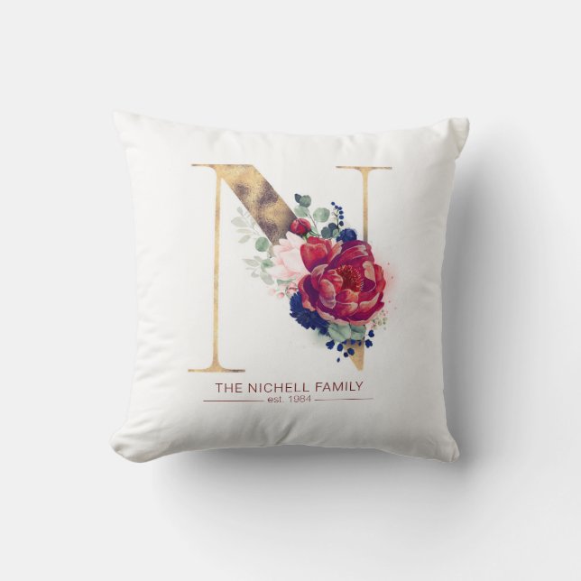 Coussin Gold N Monogramme Bourgogne Florale Rouge et Navy  (Recto)