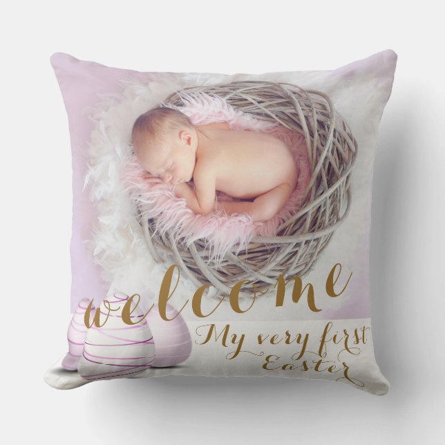 Coussin Gold Purple Faire-part Welcome Pink Photo Pâques (Recto)