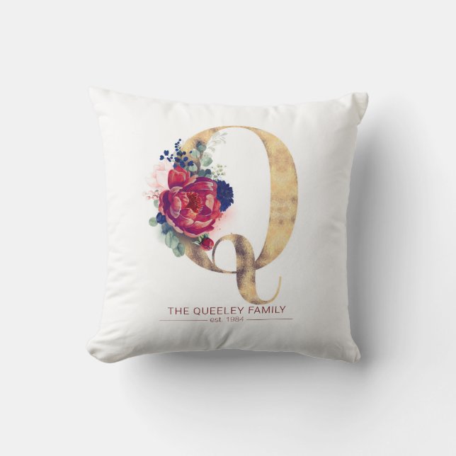 Coussin Gold Q Monogramme Floral Bourgogne Rouge et Navy B (Recto)