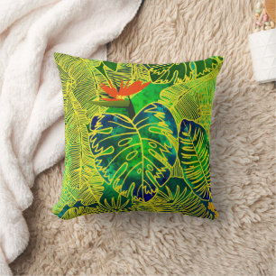 Coussin Gold Tropical Jungle Green Leaves Watercolor