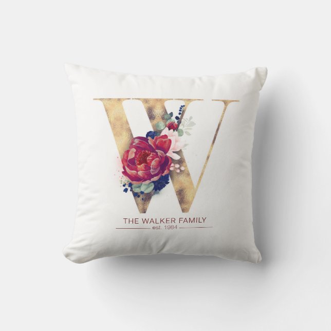 Coussin Gold W Monogramme Floral Bourgogne Rouge et Navy B (Recto)