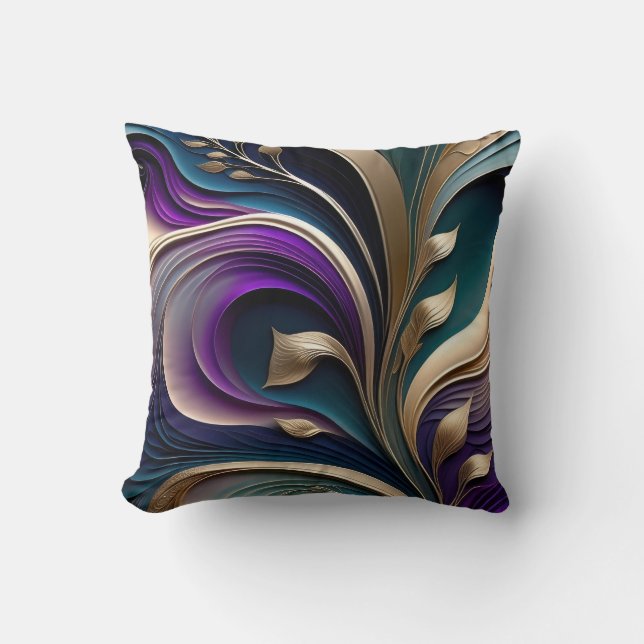 Coussin Golden Bloom - Deep Purple and Teal Abstract Flora (Recto)