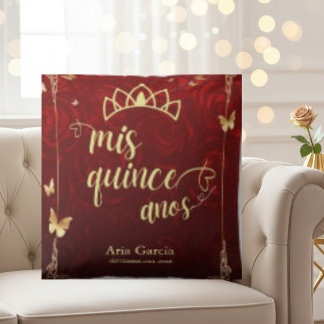 Coussin Golden Butterfly Red Roses Floral Quinceañera