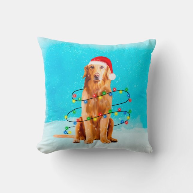 Coussin Golden Retriever Chien avec Casquette de Noël (Recto)