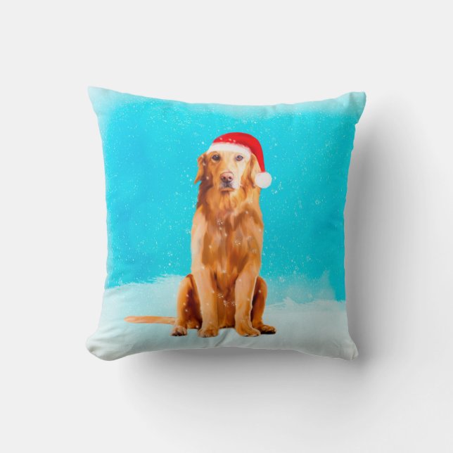 Coussin Golden Retriever Chien avec Casquette de Noël (Recto)