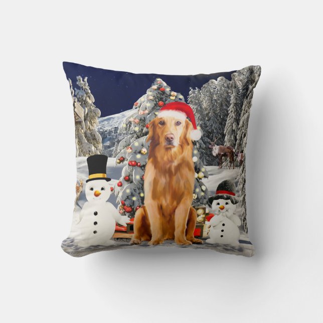 Coussin Golden Retriever Chien avec Casquette de Noël (Recto)