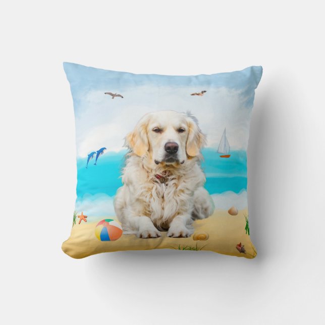 Coussin Golden Retriever Dog sur la plage (Recto)