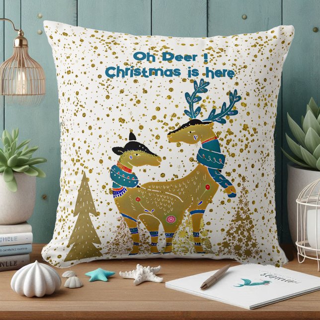 Coussin Golden Shine Noël Arbres Reindeer Couple Baby (Golden Shine Christmas Trees Reindeer Couple Baby Throw Pillow)