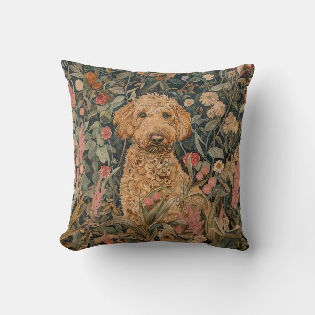 Coussin Goldendoodle dans un jardin de style William Morri (Recto)