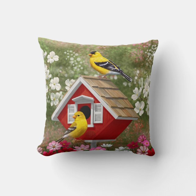 Coussin Goldfinches et jolie maison d'oiseaux Cottage (Recto)