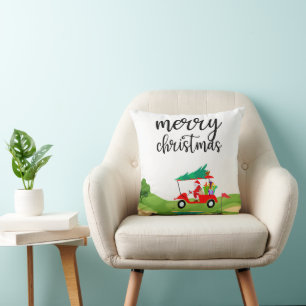 Coussin Golf Santa Claus en voiturette rouge sapin de Noël