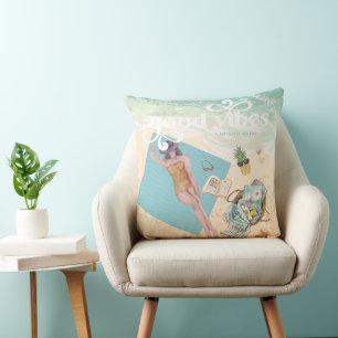Coussin Good Vibes   Watercolor Tendance Retro Summer Beac