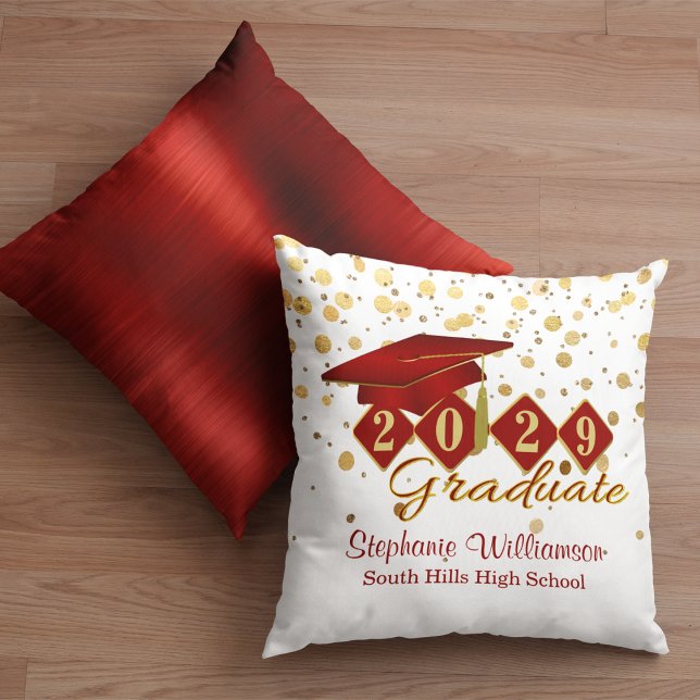 Coussin Graduation personnalisée Red & Gold Confetti (Personalized Graduation Red & Gold Confetti Throw Pillow Front and Back)