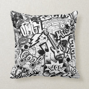 Coussin Graffiti Abstrait en noir et blanc 