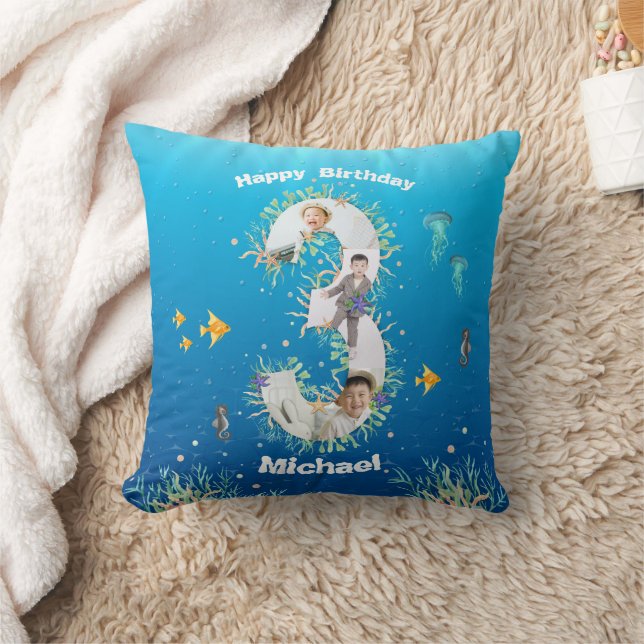 Coussin Grand 3ème anniversaire Collage photo sous la mer (Couverture)