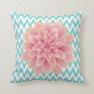 Coussin Grand Chrysanthème rose et Chevron Turquoise