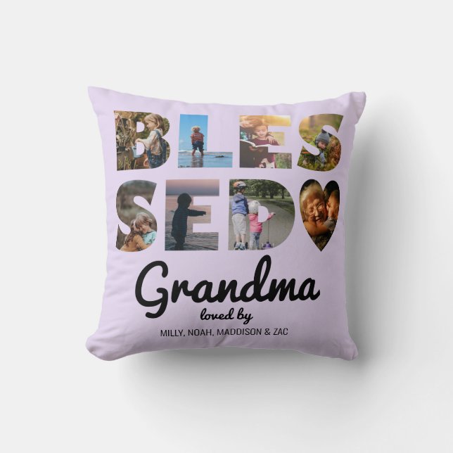 Coussin Grand-mère Béni Photo Collage Personnalisé Violet (Recto)