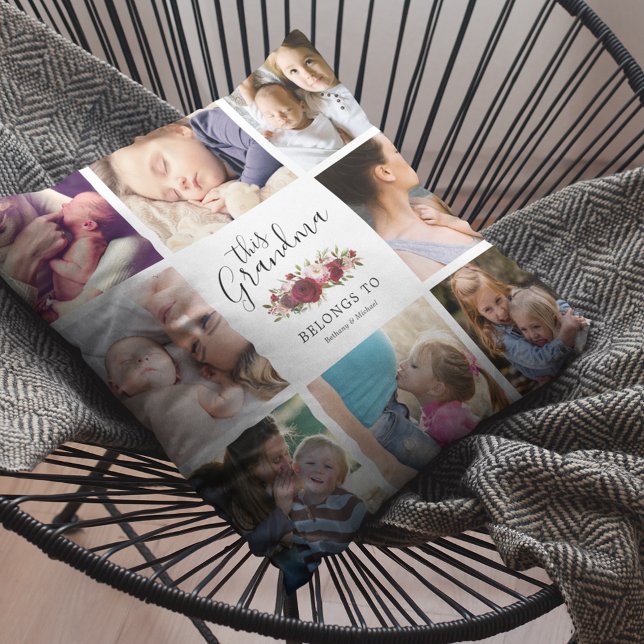 Coussin Grand-mère Bourgogne Famille Florale Photo Pillow  (Créateur téléchargé)