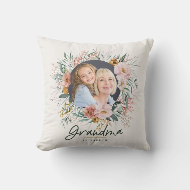 Coussin Grand-mère cadeau 2 photo rose girolle aquarelle f (Recto)