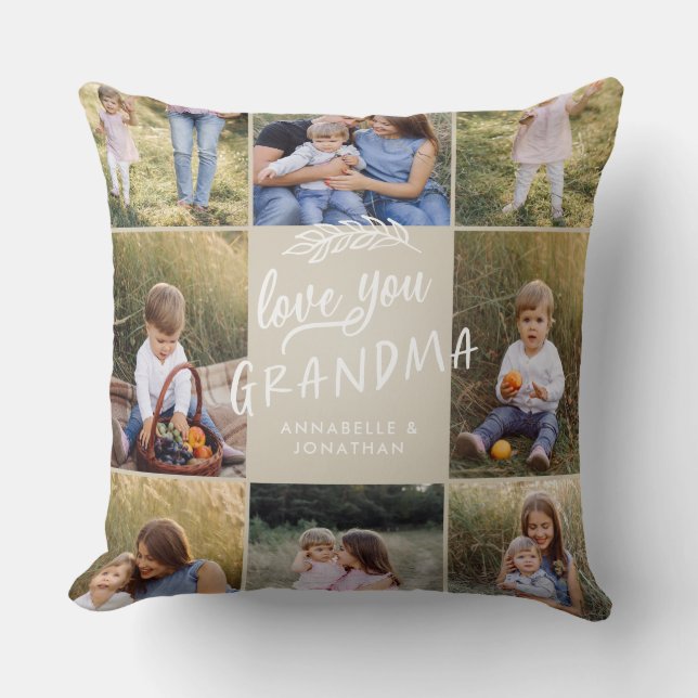 Coussin Grand-mère cadeau 8 photo petit-enfant simple typo (Recto)