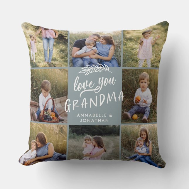 Coussin Grand-mère cadeau 8 photo petit-enfant simple typo (Recto)
