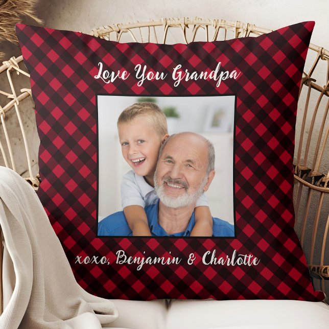 Coussin Grand-père Red Buffalo Plaid Photo personnalisée N (Créateur téléchargé)