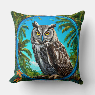 Coussin Grande chouette grise florale faune oiseau parmi l