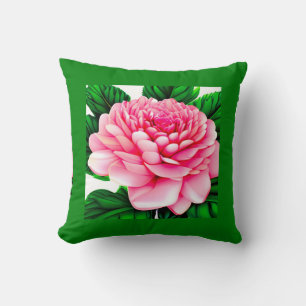 Coussin Grande pivoine rose avec Feuilles vert émeraude