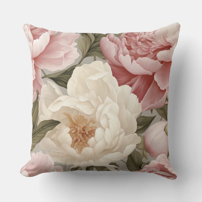 Coussin Grandes pivoines blanches roses Design à la campag (Recto)