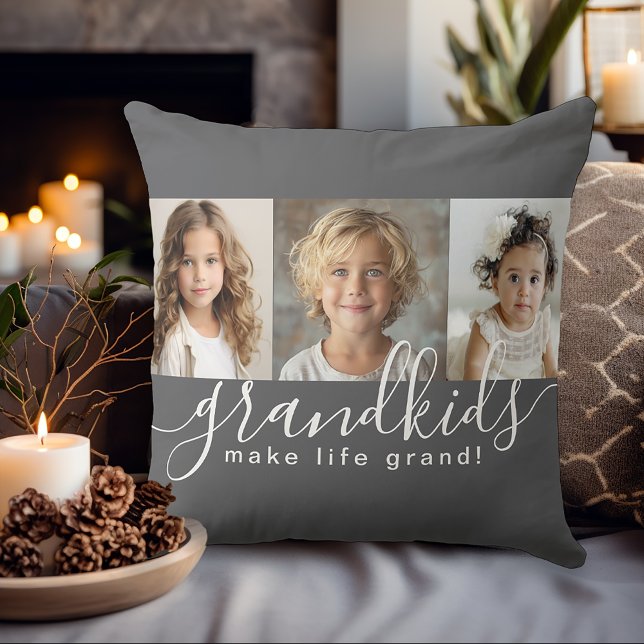 Coussin Grandkids Make Life Grand 3 Photo Collage sur Grey (Personalize this pillow for a great gift for Grandparents!)