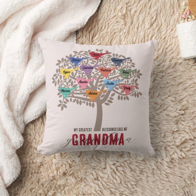 Coussin Grandma Cadeau Petits-enfants Noms Arbre 12 oiseau (Couverture)
