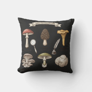 Coussin graphique de champignons, botanique vintage, chemi