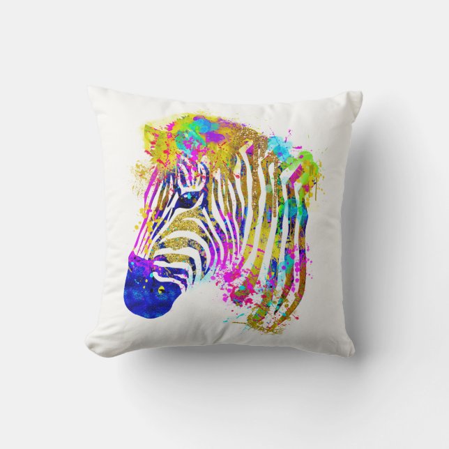 Coussin Graphique Zèbre Éclaboussure Aquarelle Arc-en-ciel (Recto)