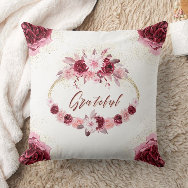 Coussin Grateful Elegant Magenta Rose Floral Wreath or (Couverture)