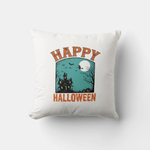 Coussin Gravure Vintage Joyeux Halloween Maison Hantée De