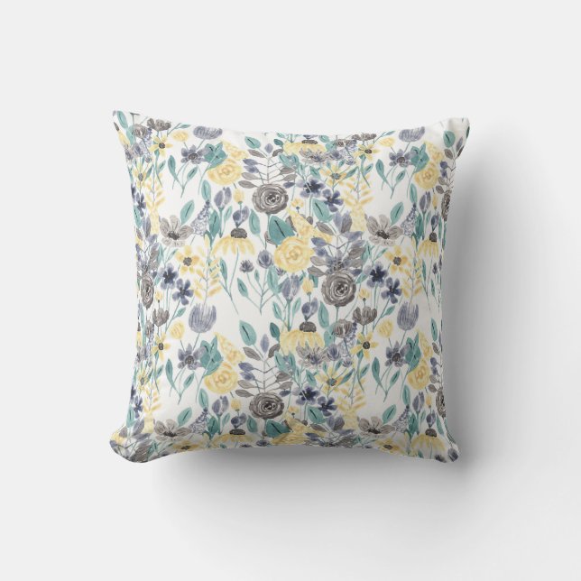 Coussin Gray Pastel Jaune Aquarelle Florale Motif Outdo (Recto)