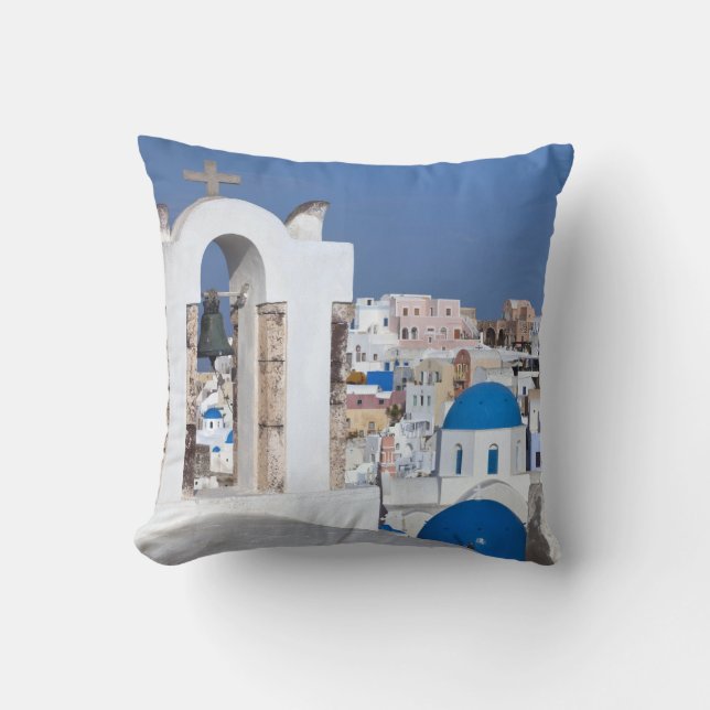 Coussin Grèce, Santorin. Tour Bell et dômes bleus de 2 (Recto)