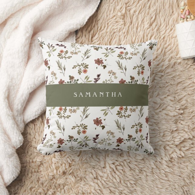 Coussin Green Burgundy Wildflower Monogram Name (Couverture)