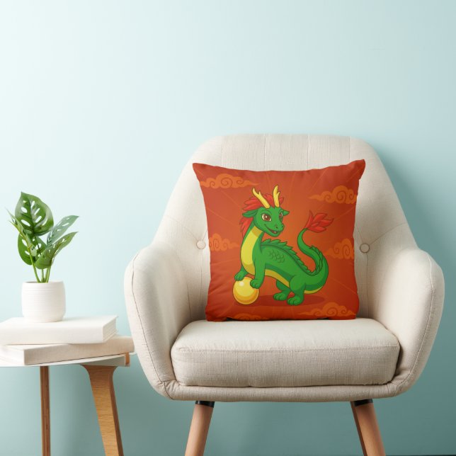 Coussin Green Chinese Dragon on Red (Chaise)