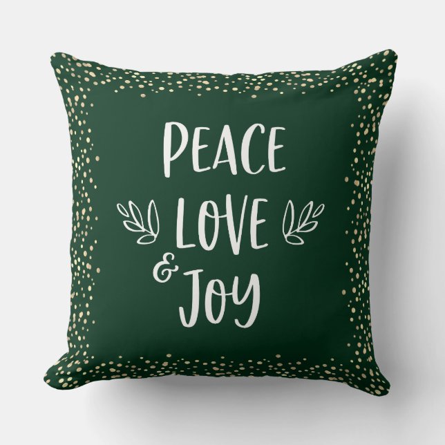 Coussin Green Gold Foil Dots Peace Love Joy Script Moderne (Recto)