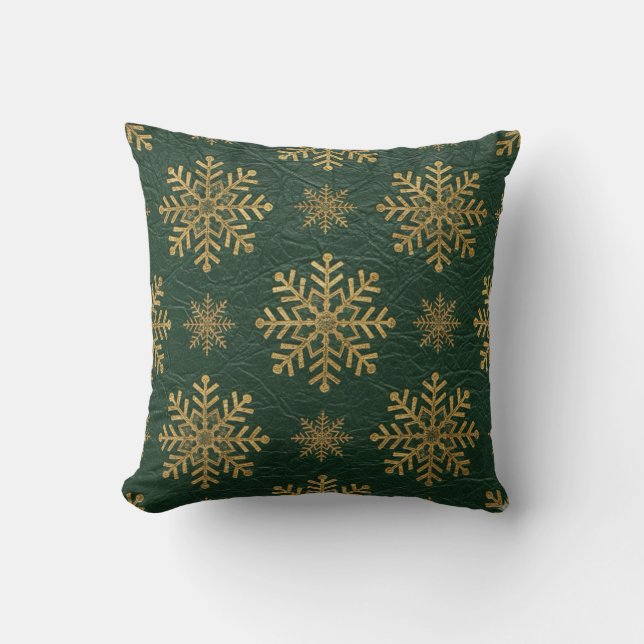 Coussin Green Leather Tooled with Gold Snowflakes (Recto)