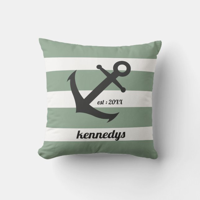 Coussin Green Nautical Stripes Ancre Nom de famille    (Recto)