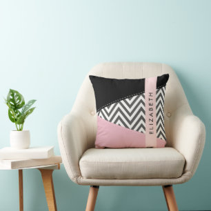 Coussin Grey Zigzag, Grey Chevron, Rose, Votre Nom