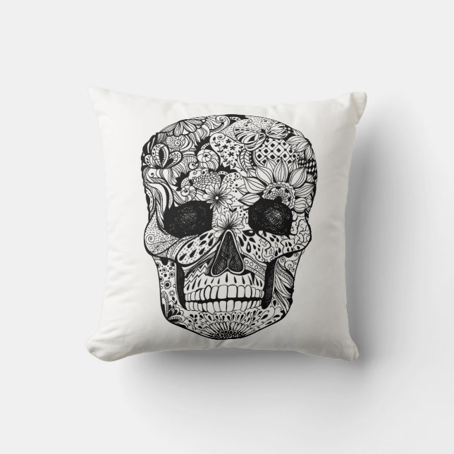 Coussin Griffonnage floral de crâne (Recto)